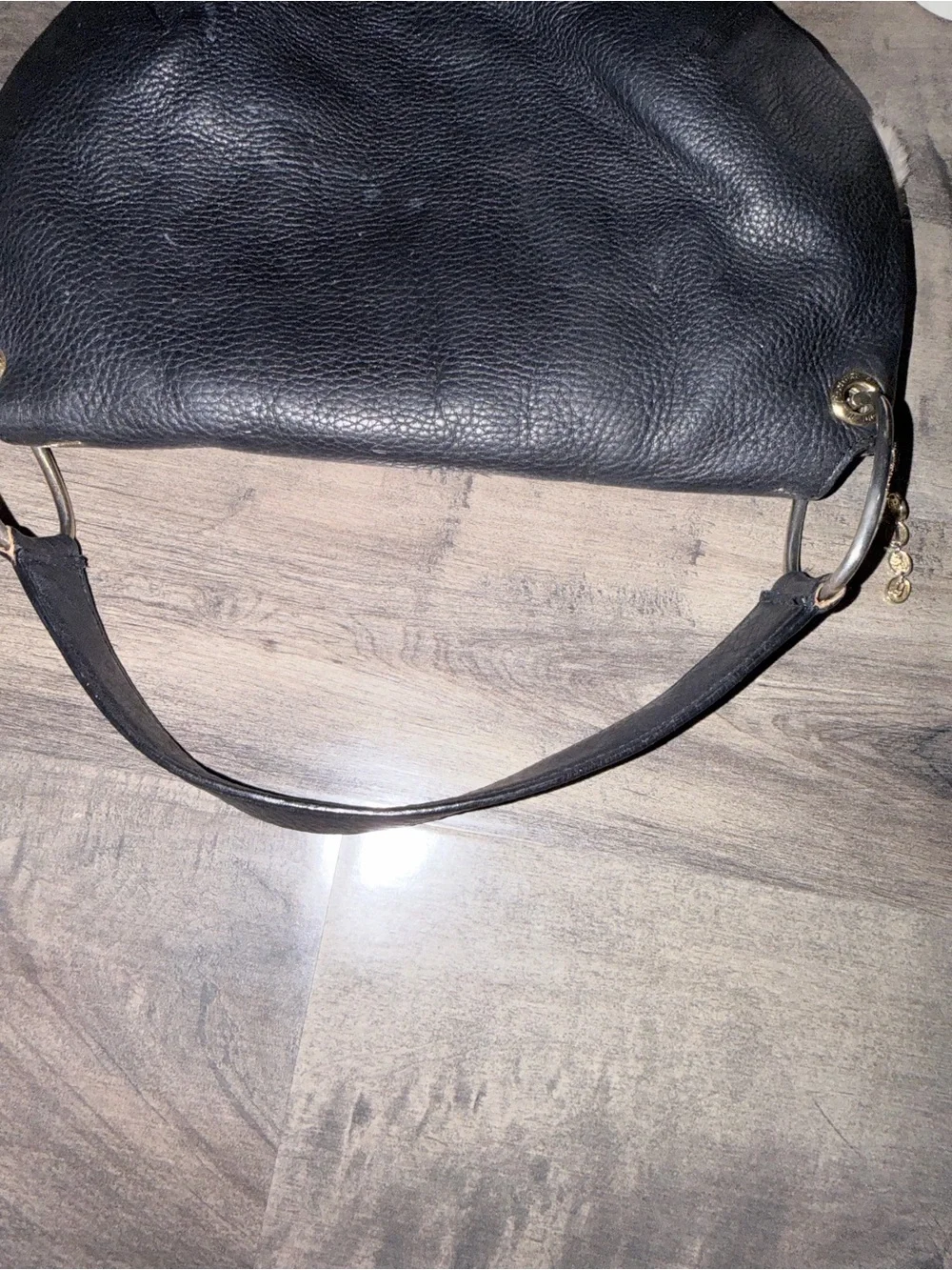 Vintage Juicy Couture Black Pebbled Leather Shoulder Bag with rabbit foot Tassel